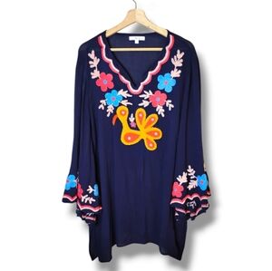 A&B Embroidered Boho Tunic Top Bell Sleeve Crochet Trim Folk Floral Bird Sz L